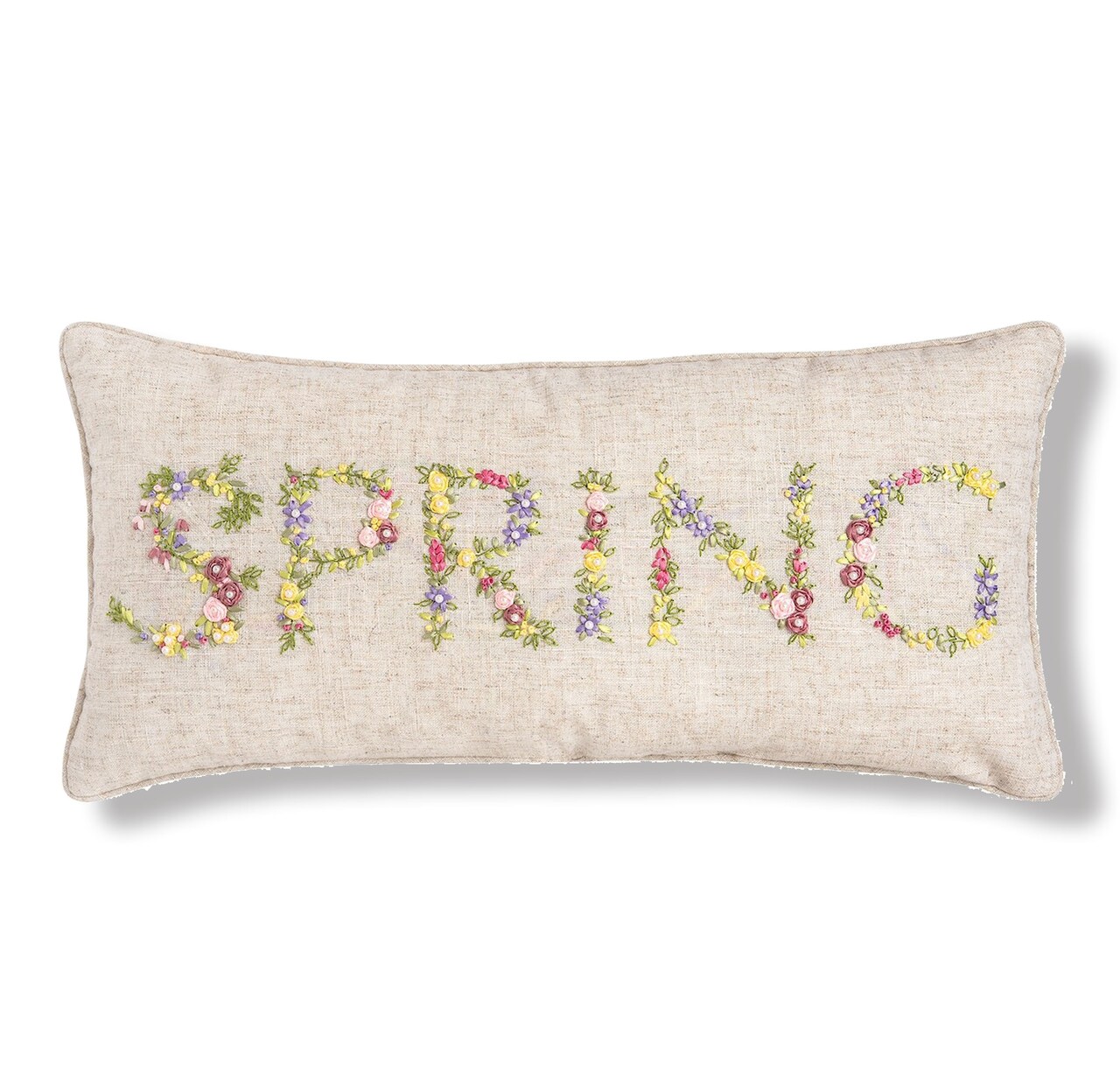 Floral Flower Font "Spring" Embroidered Ribbon Art Accent Pillow, 12" x 24"